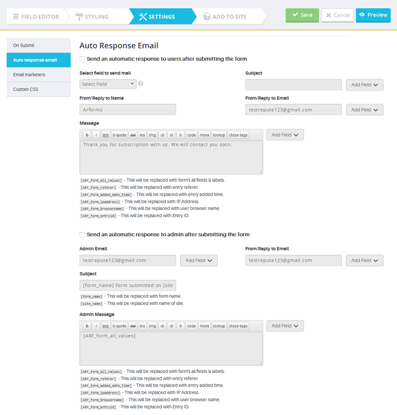  ARForms Form Auto Response Email Settings 