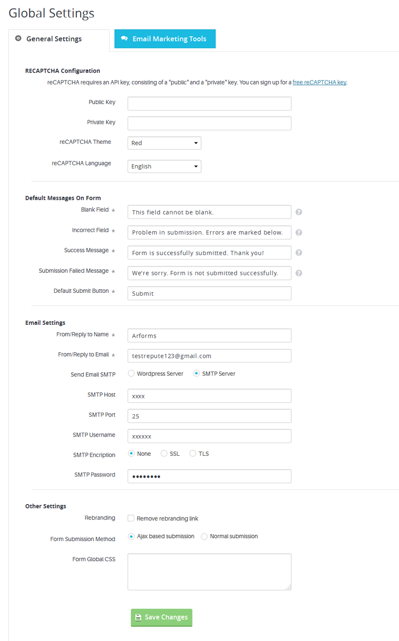 ARForms Global Settings ( General Settings / RECAPTCHA Configuration / Form Settings / Email Settings )